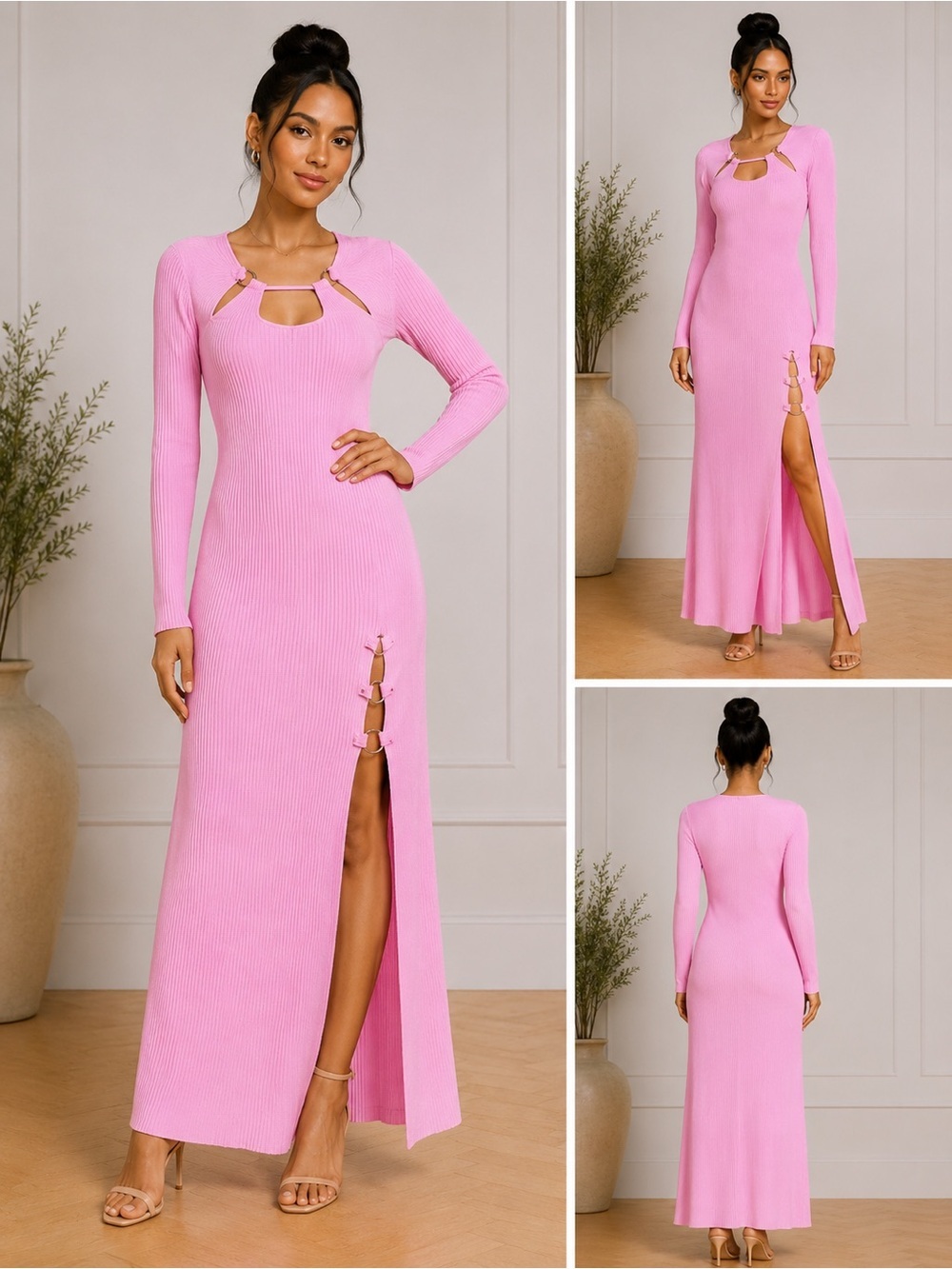 NWT Nicholas Janet Rib Knit Cage Dress Paris Pink Gold Ring Slit Maxi L